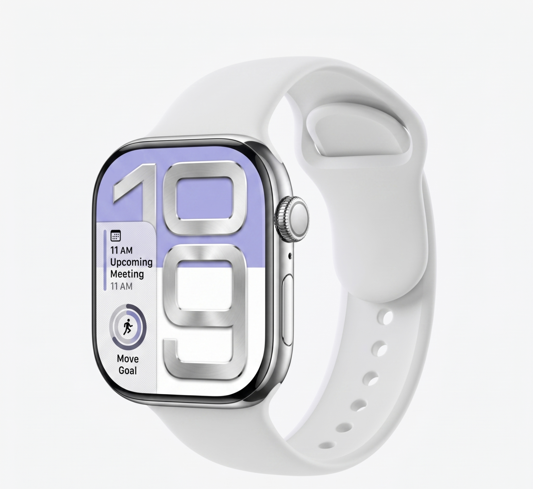 Smartwatch plateado con correa blanca y pantalla mostrando la hora