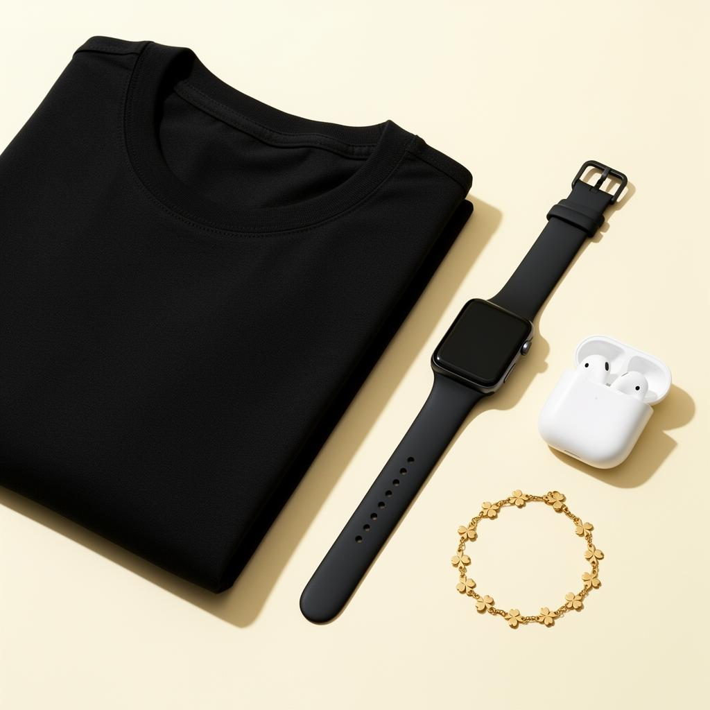 Composición premium con playera negra, smartwatch, audífonos inalámbricos y pulsera dorada